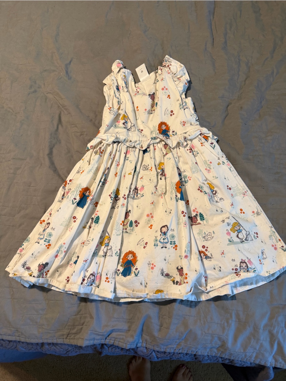Disney Girls White Dress with Multicolor Floral & Character Print